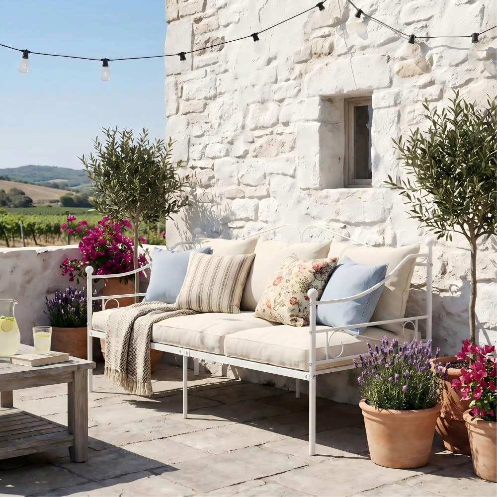 Outdoor Coch Sofa Cama Individual Somier Metal 90x190 Sofa Bed Divan Cama para Colchón de 90x190 cm, Sofá Camas de Hierro Forjado para Dormitorio/Sala Estar/Terraza/Jardín/Blanco/A