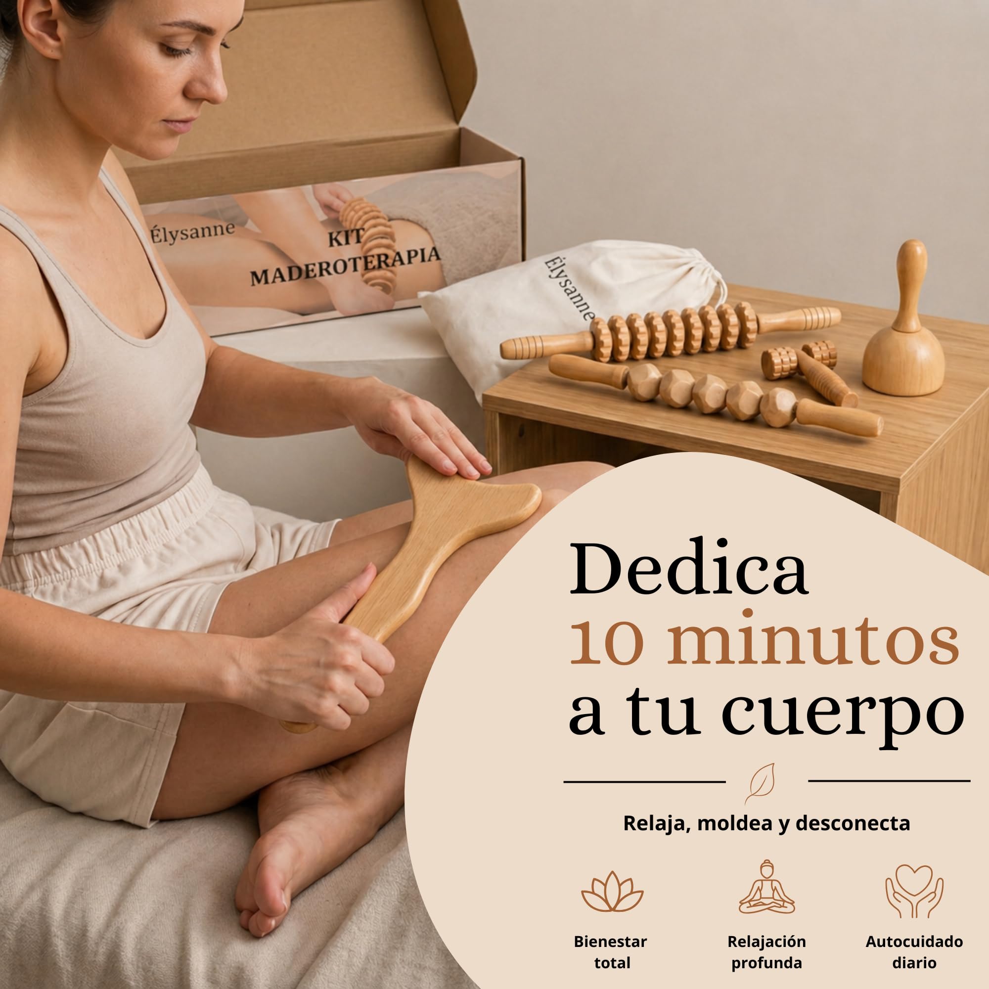 Maderoterapia Corporal Kit 7 Piezas – Anticelulitis y Drenaje Linfático – Rodillos de Madera, Copa Sueca y Tabla Moldeadora – Masaje Reductor Abdomen, Piernas y Glúteos + Bolsa