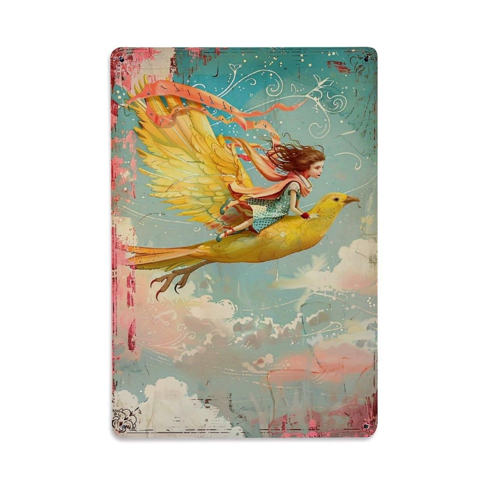 Jdfenggu Girls Vintage Fantasy Riding Bird Sky Retro Metal Tin Sign, Decor Art Poster For Bar, Home, Man Cave, Kitchen, Laundry Room Gift 8X12inch