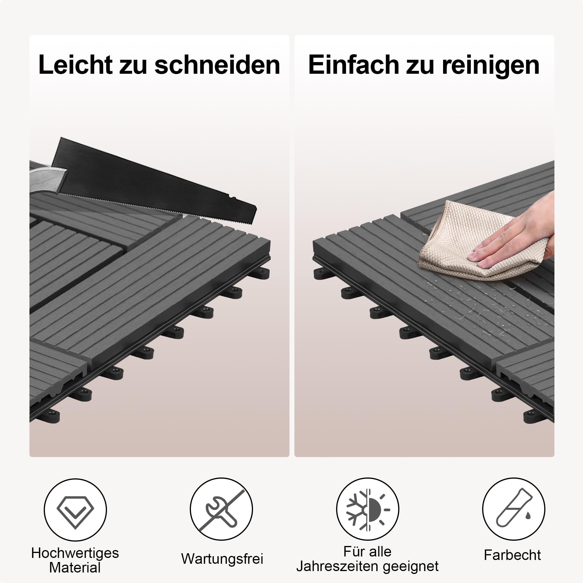 Laneetal WPC Fliesen 22er Set für 2 m², Balkonfliesen 30x30 cm, Terrassenfliesen Klicksystem, Klickfliesen Terrasse Balkon, Bodenfliesen Bodenbelag für außen, Grau