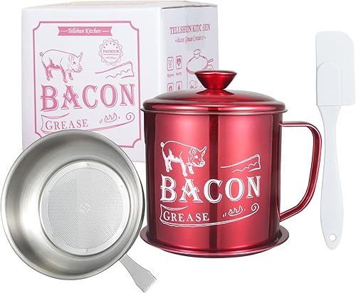 Tellshun Contenedor de ahorro de grasa de tocino de 44 onzas1.3 L con colador, retenedor de aceite de cocina de acero inoxidable con espátula de