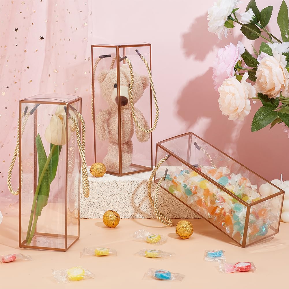 10 Clear Plastic Gift Boxes With Gold Trim & Rope Handle - 7x7x21cm, PET Favor Box For Wedding, Birthday, Candy
