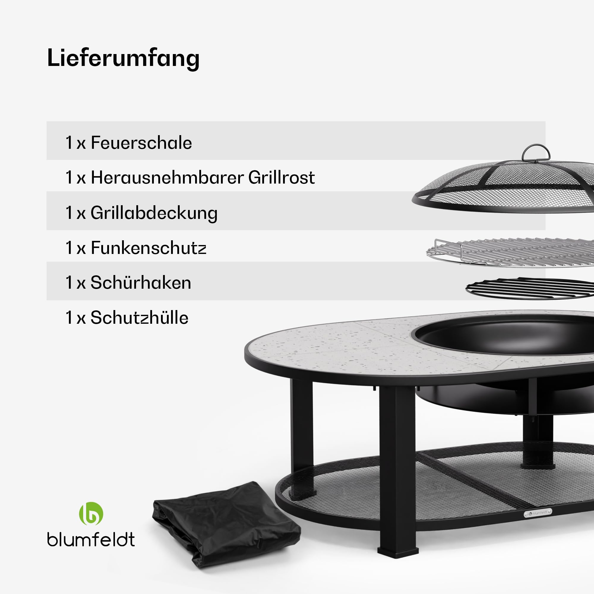 Blumfeldt Merano Circolo L Feuerschale - 3-in-1 Feuerschale mit Grillrost & Tisch, robuster Stahlrahmen, Terrazzo-Tischplatte, inkl. Funkenschutz, Schürhaken & Deckel, für Garten & Terrasse