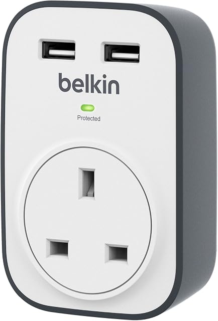 Belkin SurgeCube USB Plug Socket and Surge Protector, 1 Way/ 1 Plug Surge, Protected Plug with USB Slots x 2 (2.4 A), White