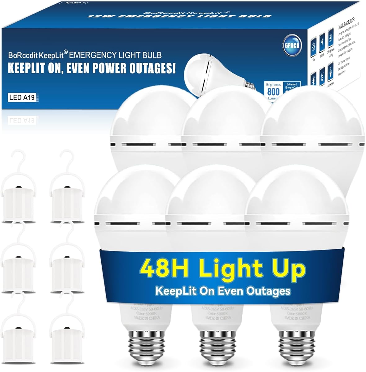 KeepLit 6PK Emergency Rechargeable Light Bulbs, 48H Battery Backup, 3 Brightness Levels, 12W 65W Equivalent A19 LED Bulbs Auto-On During Power Outage, for Hurricane, Emergency Use (Daylight)