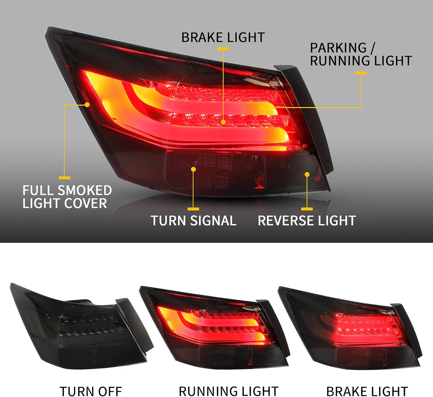 VLAND LED Smoked Tail Lights Compatible For Honda Accord 8th Gen Sedan 2008 2009 2010 2011 2012, 2 PCS, NOT for 2-Dr Coupe