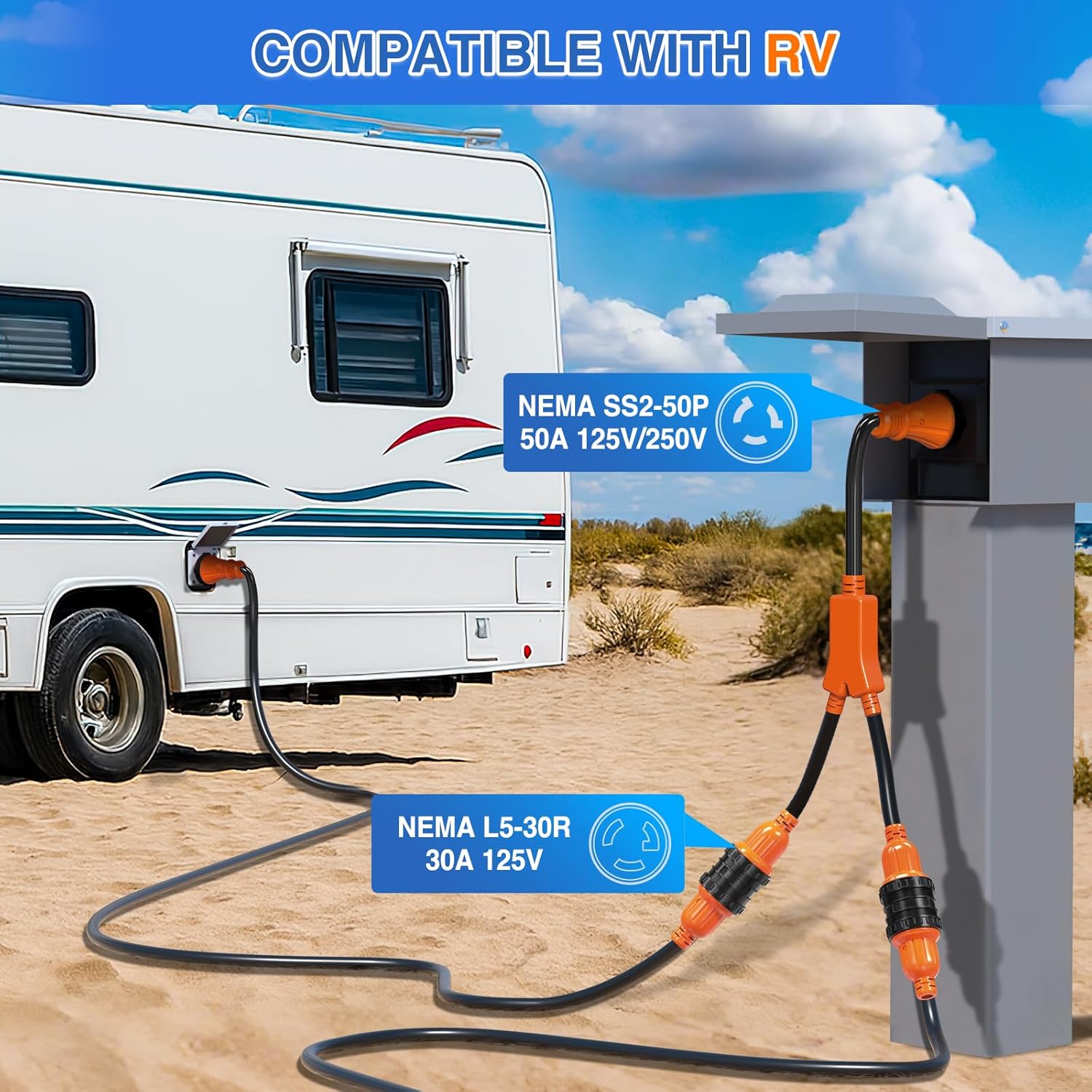 Nilight 50 Amp to 30 Amp Marine Shore Power Adapter NEMA SS2-50P to 2 × L5-30R RV Y Splitter Cord w/Locking Rings Pure Copper Heavy Duty Cable ETL Listed for RVs Boat Yacht Camper Outdoor Use