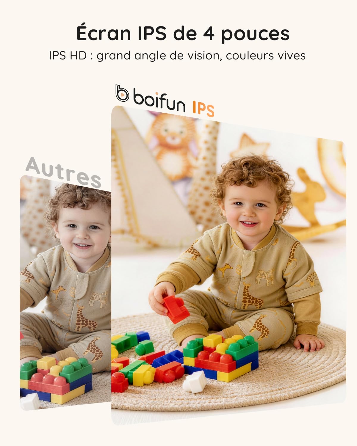 Boifun Babyphone Camera Bebe Surveillance sans WiFi, Vision Nocturne Infrarouge Invisible,4 Pouces, HD 720P, Interphone Bidirectionnel, Berceuses, Détecteur Température/Son, Zoom 3x, Rappel de Biberon