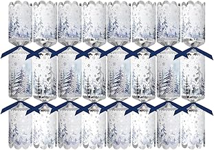 Pack of 8 Premium White Silver Blue Winter Wonderland Christmas Crackers - 12.5" Metallic Festive Xmas Holiday Dinner Table Decorations - Novelty Fun Prizes Gifts Contains Hats Jokes