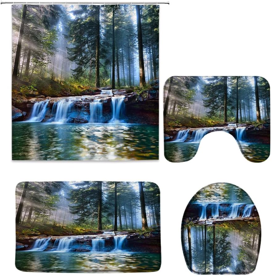 Waterfalls 4 Piece Shower Curtain Set with Rug Fog Forest Sunlight Nature Scenery Green Tree Spring Landscape Tropical Rainforest Plant Bathroom Bath Mat Toilet Lid Cover U Shape Carpet with 12 Hook
