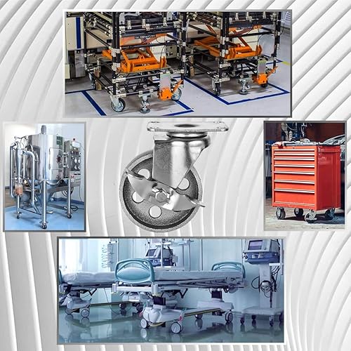 Miniatura 6 de 4 ruedas giratorias con placa giratoria de acero, con traba de freno, resistentes, con una capacidad total de 1500 libras, color gris.