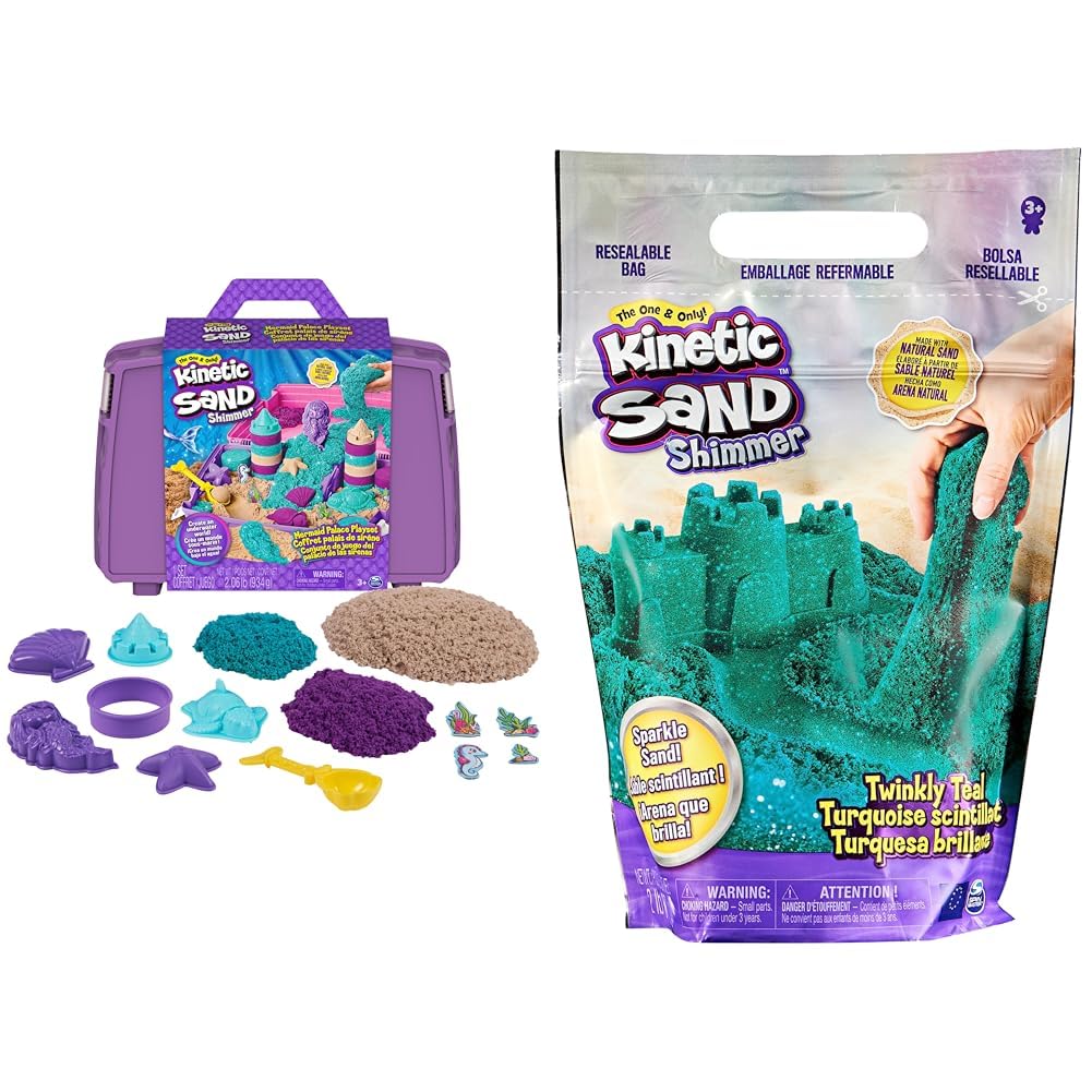 Kinetic Sand Meerjungfrauen Koffer - mit 1 kg original kinetischem Sand aus Schweden in 3 Farben & Schimmersand Petrol, 907 g - blaugrüner Glitzersand für Indoor-Sandspiel aus Schweden, ab 3 Jahren
