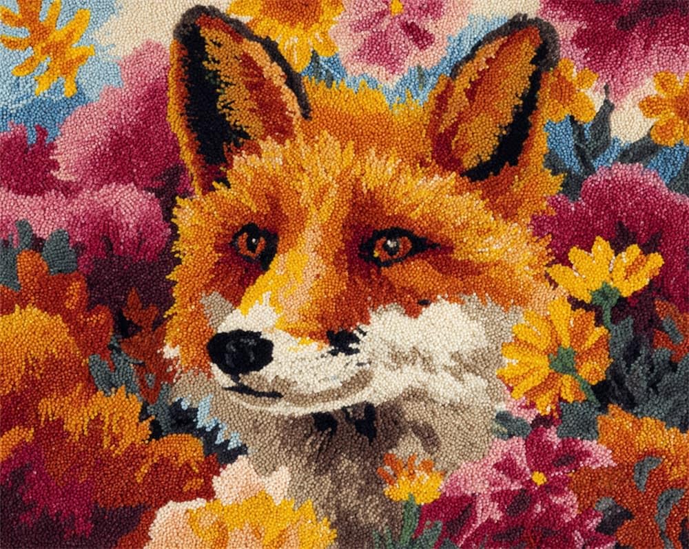 Kitquiver Rug Making Kits for Adults Latch Hook Fox and Glory Flowers Crafts Crochet Yarn with Pre-Printed DIY Handmade Embroidery Needlework for Home Decoration 15X20In