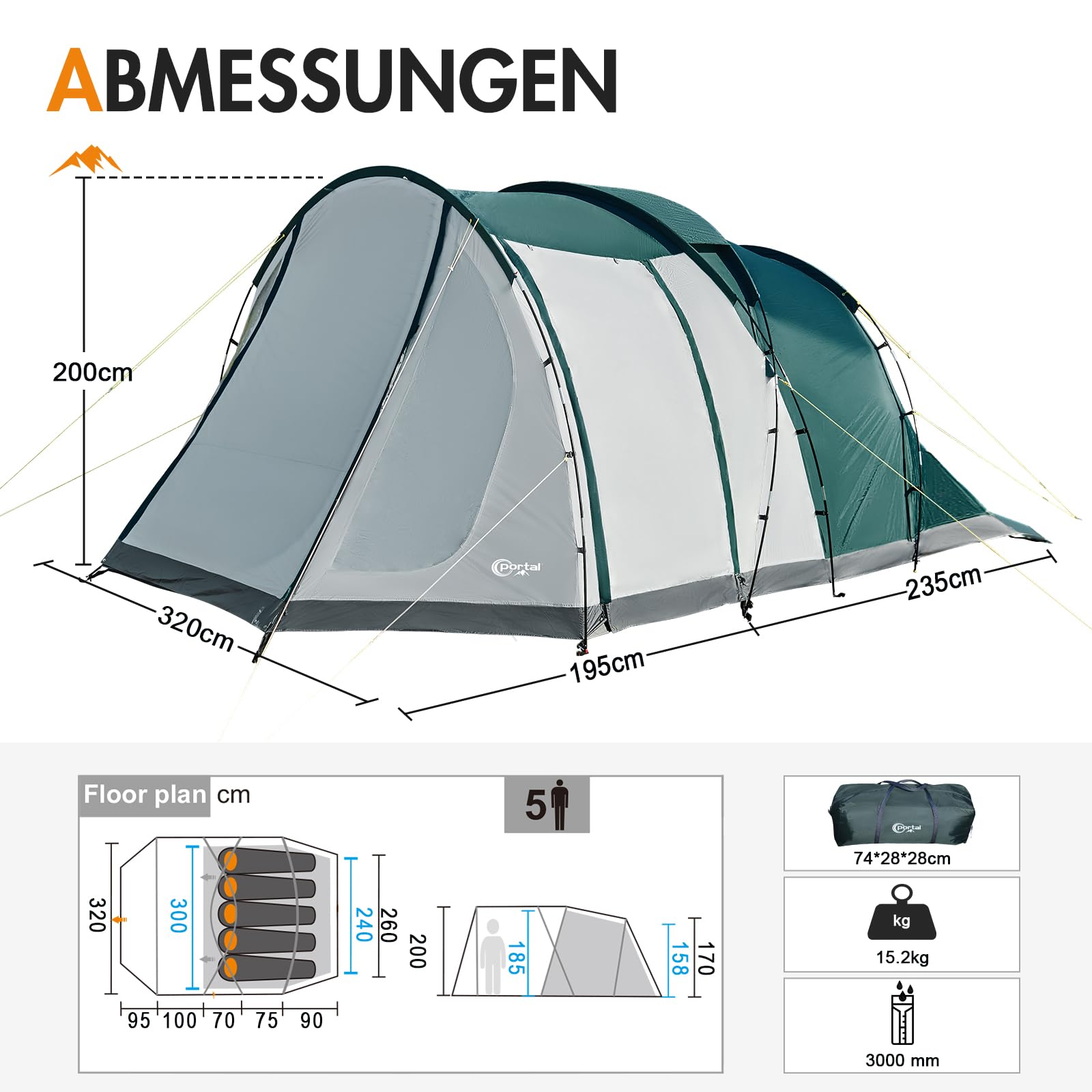 PORTAL Zelt 5 Perosonen Luxus Camping Zelt Wasserdicht 3000mm mit 2m Stehhöhe Vorzelt Bodenwanne Fenster 4-5 Mann 4Plus Tunnelzelt Familienzelt Festivalzelt für Camping Reise Trekking Garten