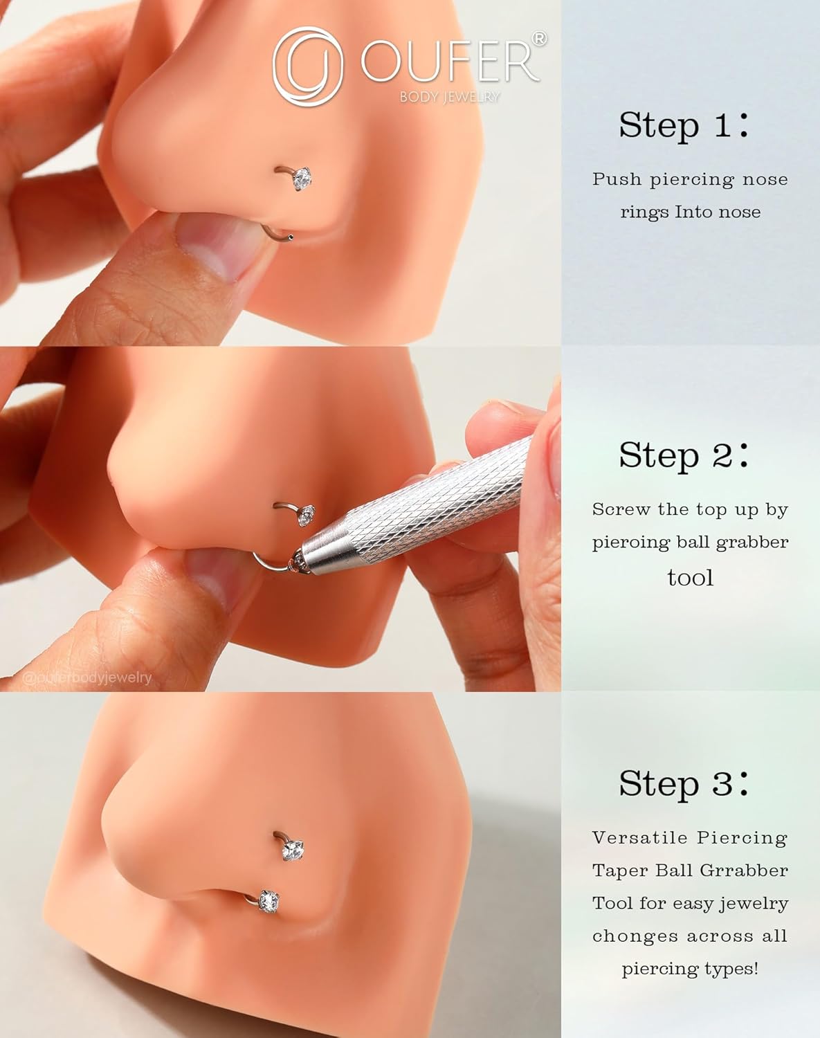 OUFER 18G Horseshoe Nose Rings Studs, 316L Surgical Steel Double Cubic Zirconia Nose Studs, Internally Threaded Nose Rings For Women, Lip Eyebrow Helix Ear Piercing Jewelry - Image 7