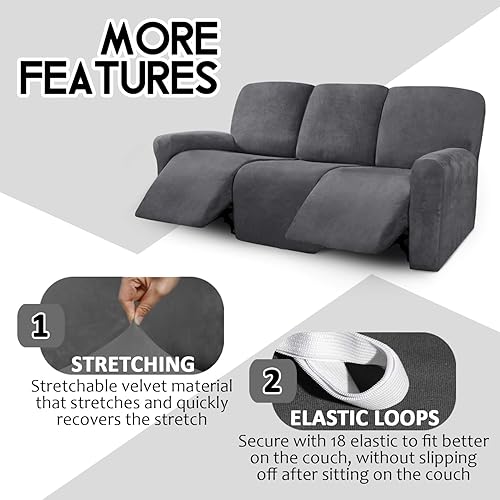 Miniatura 4 de ULTICOR Fundas de terciopelo para sofá reclinable de 8 piezas, fundas elásticas para sofá reclinable de 3 cojines, fundas para muebles, fundas