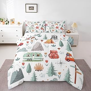 Kids Camper Theme Comforter Set Full 3Pcs, Happy Camping Bedding for Tod...