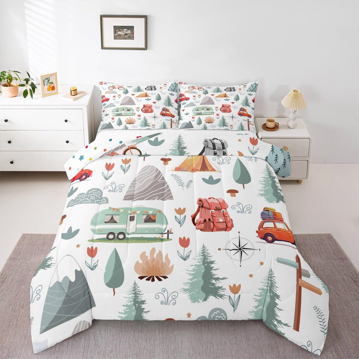 Kids Camper Theme Comforter Set Full 3Pcs, Happy Camping Bedding for Toddler, Travel Car Rv Accessories Down Comforter, Botanical Flowers Mountain