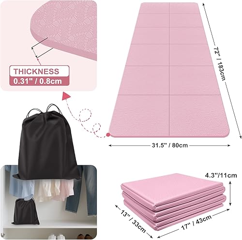 Miniatura 6 de Tapete de yoga plegable para viajes, de 72 x 32 x 0.32 pulgadas, tapete de ejercicio plegable de 0.315 in de grosor, tapete de pilates