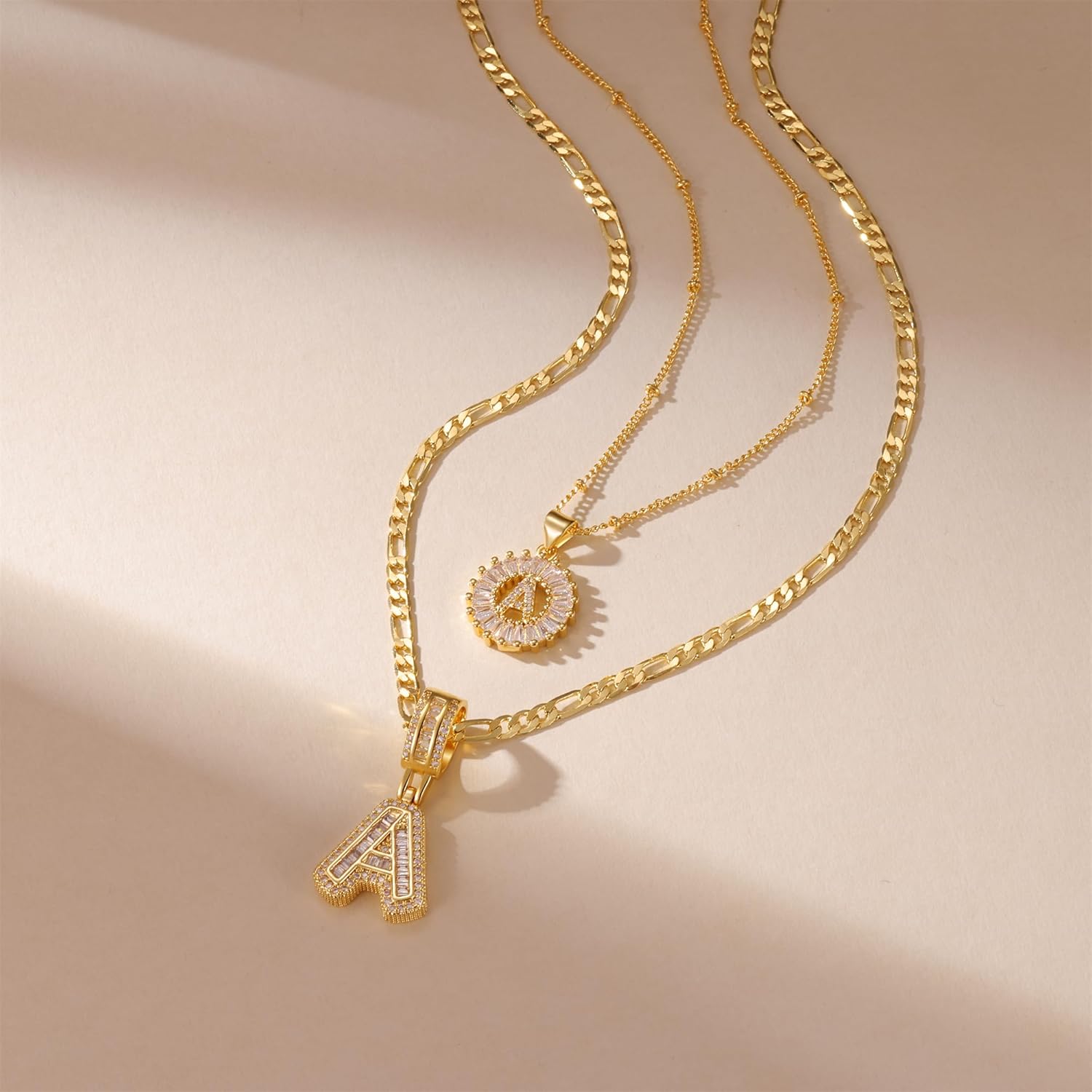 Gold Layered Initial Necklaces for Women, 18K Gold Plated Layering Round Letter Pendant Figaro Chain Letter Choker A-Z Zirconia Letters Name Crystal Jewelry Gifts for Women - Image 8