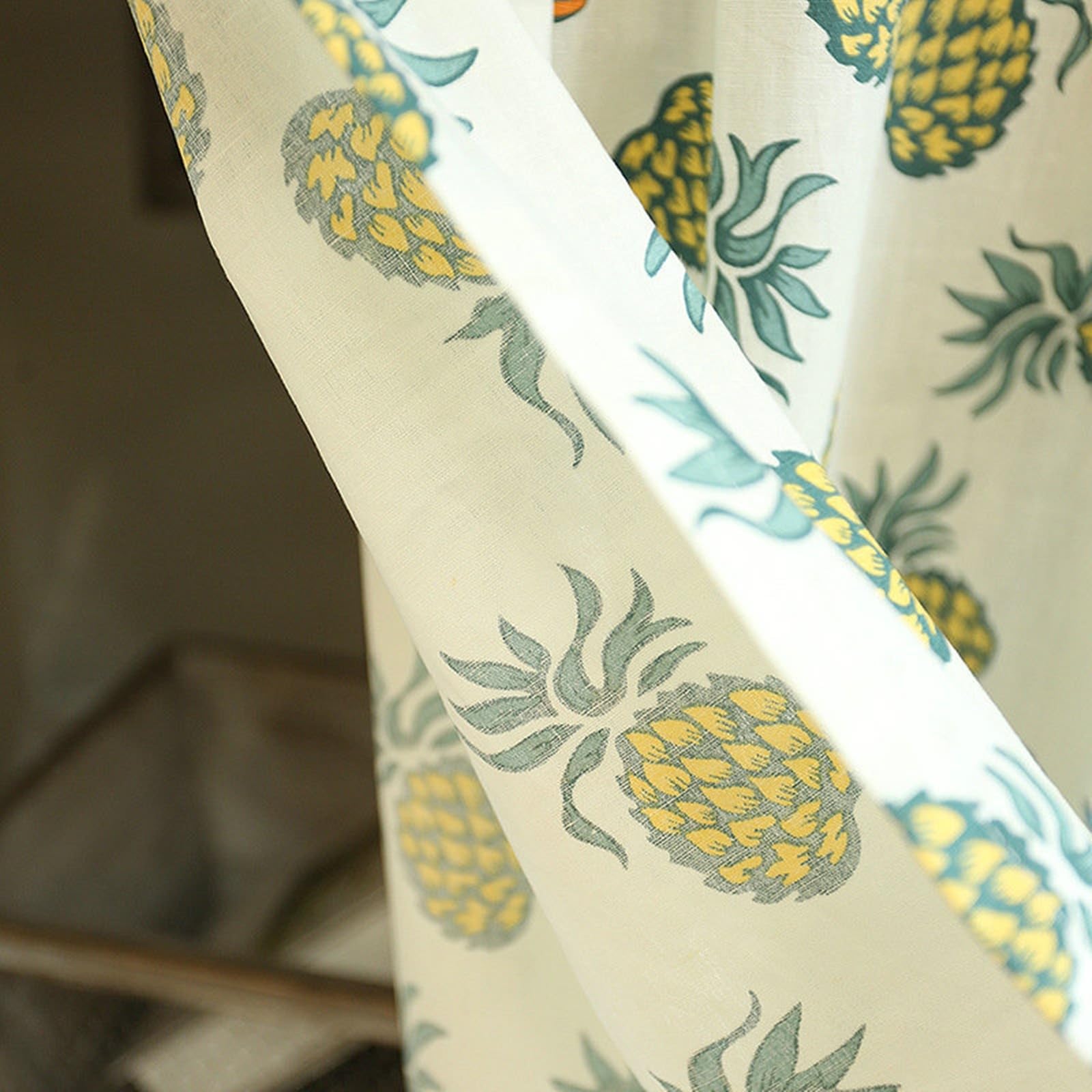 KnSam Rideau Occultant Court en Coton Tissé à Passant Imprimé Ananas à Volants Beige Jaune, Rideau Fenetre Porte Entrée Style Américain 130x150cm 1pcs