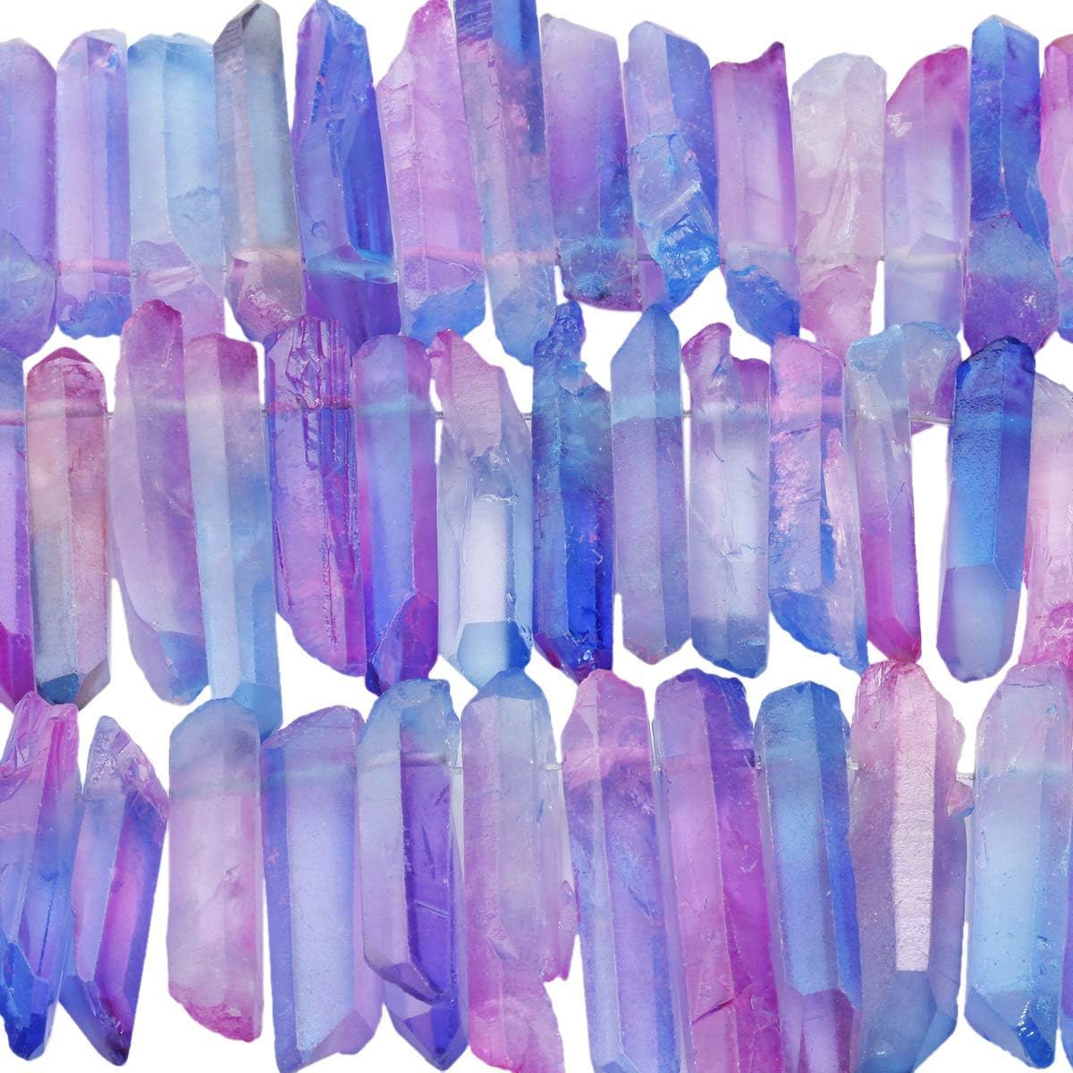 rockcloud Natural Rock Crystal Points Titanium Coated Clear Quartz Sticks Spikes Top Drilled 15 inch Strand,Blue&Rose Red - Image 4