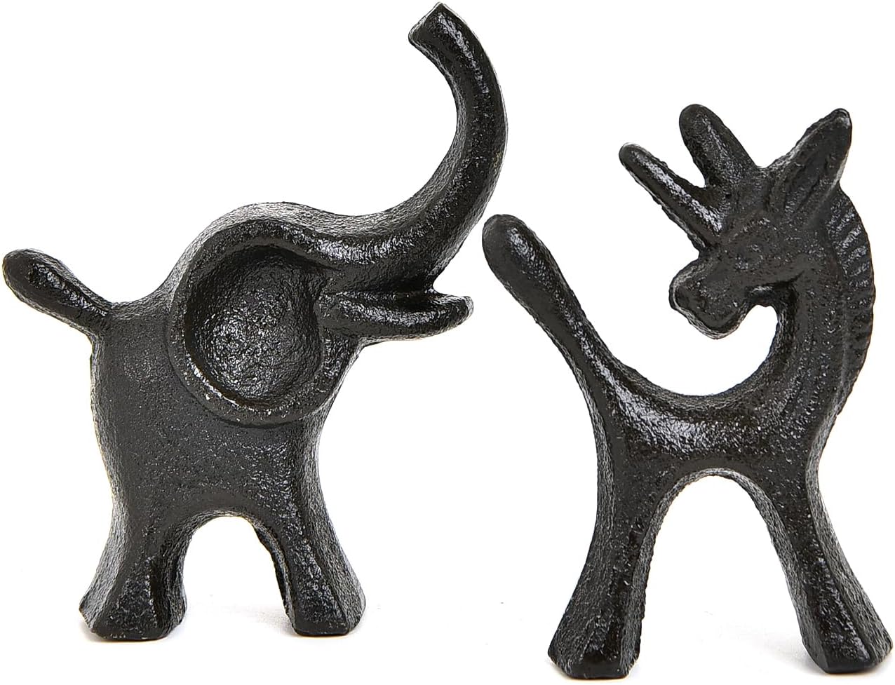 Sungmor Set of 2 Cast Iron Elephant & Unicorn Figurines - Rustic Black Animal Sculptures for Shelf, Desk, or Entryway - Heavyweight Decorative Mini Cute Statues - Whimsical Vintage Home Décor