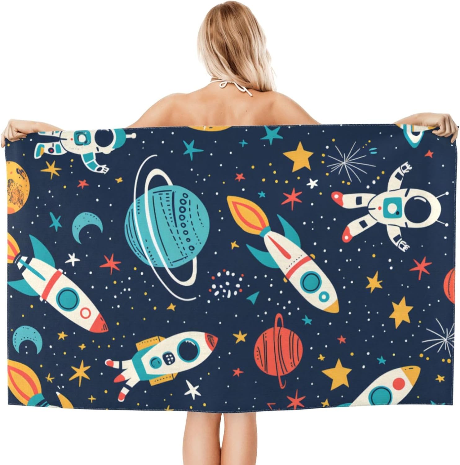Space Adventure Beach Towel,32x52in Microfiber Quick Dry Cute Astronaut Rocket Planet Cool Bath Towels,Soft Lightweight Oversized Sand Free,for Travel Pool Swimming Gym Decor,Gifts Boys