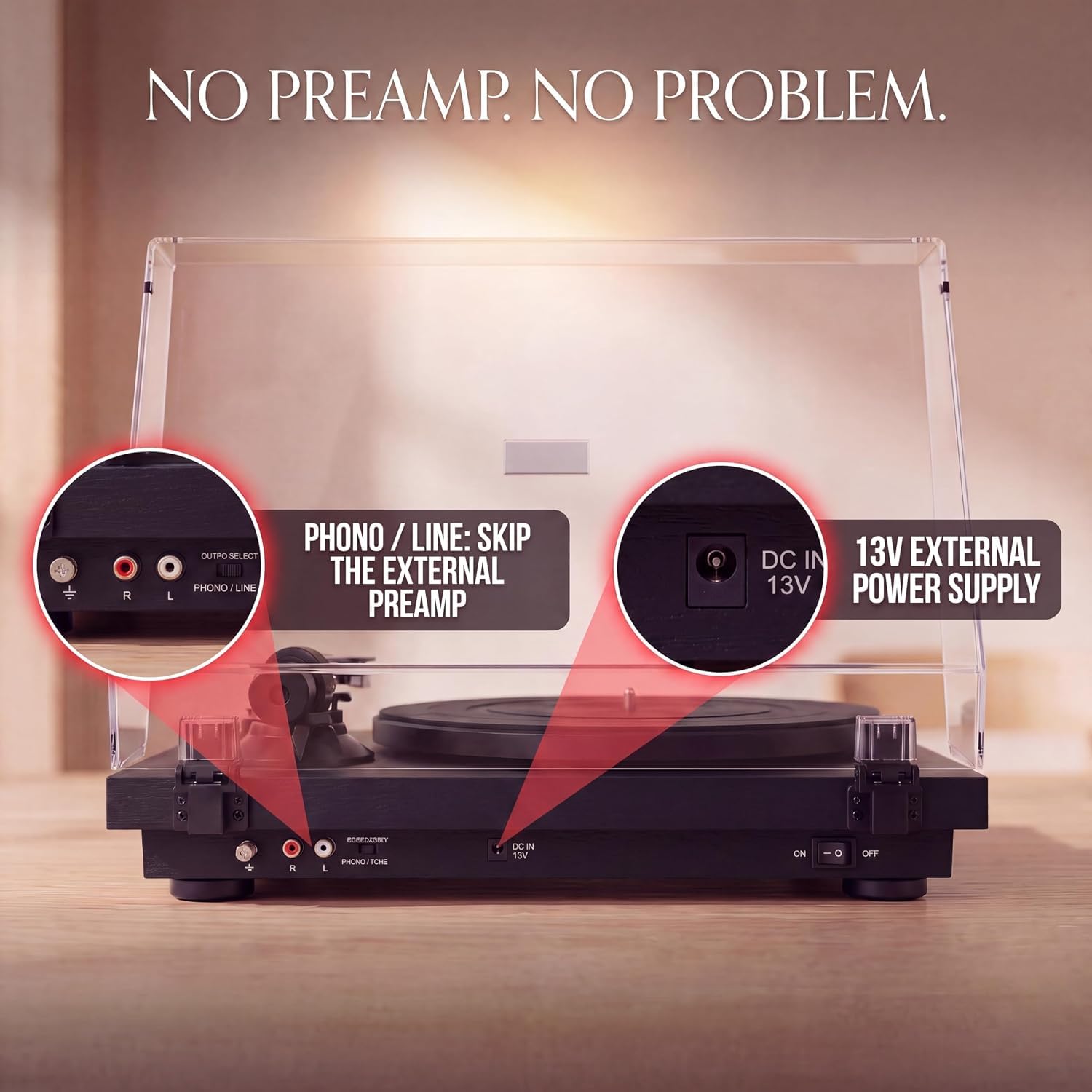 VULKKANO TD20 Tocadiscos de Vinilo con Cápsula AT-VM95E MM, Brazo Anti-Skating, Previo Fono/Línea Integrado y Auto-Stop, Reproductor Vinilo 33 y 45 RPM, Negro Mate