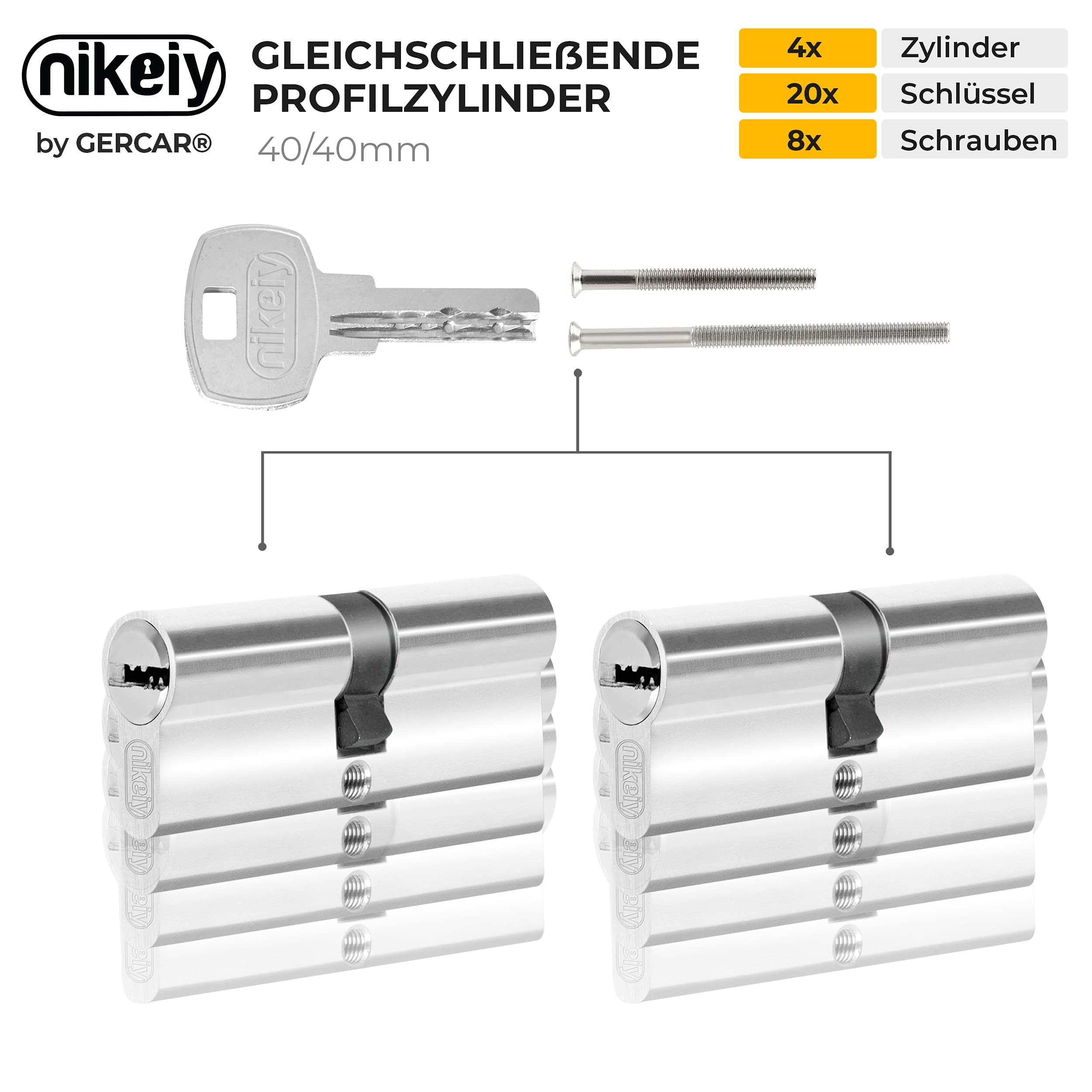 GERCAR Juego de 4 cilindros de cerradura con cierre uniforme, 4 cilindros de perfil 40/40, incluye 20 llaves de 80 mm, cerradura de doble cilindro, cierre uniforme, juego de 4 unidades, longitud: 80