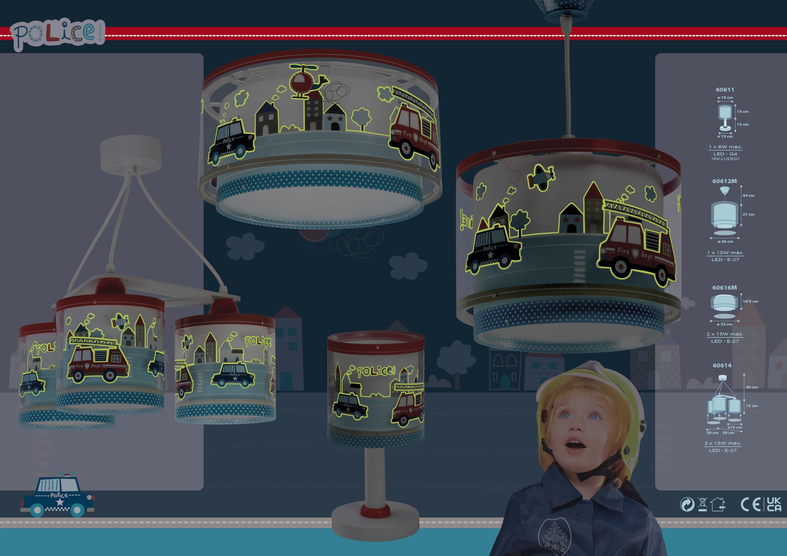 Lampada da soffitto a sospensione per bambini Dalber Police, con auto della polizia e camion dei pompieri, 60612M, E27, lampade per bambini, cameretta dei ragazzi.