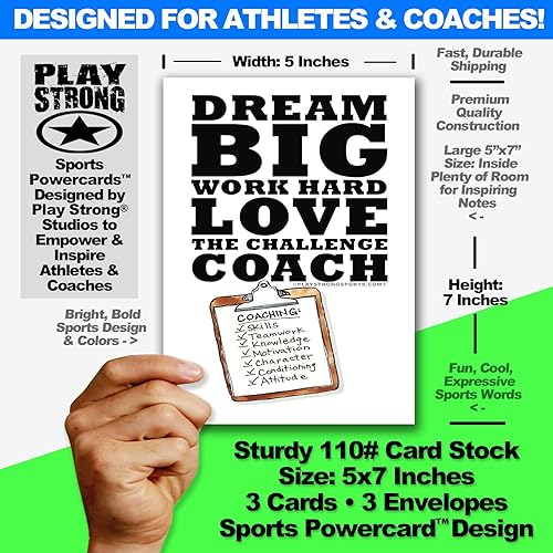 Miniatura 2 de Play Strong Gracias al entrenador Dream Big paquete de 3 tarjetas de felicitación deportivas 5 x 7 perfectas para deportes juveniles para expresar