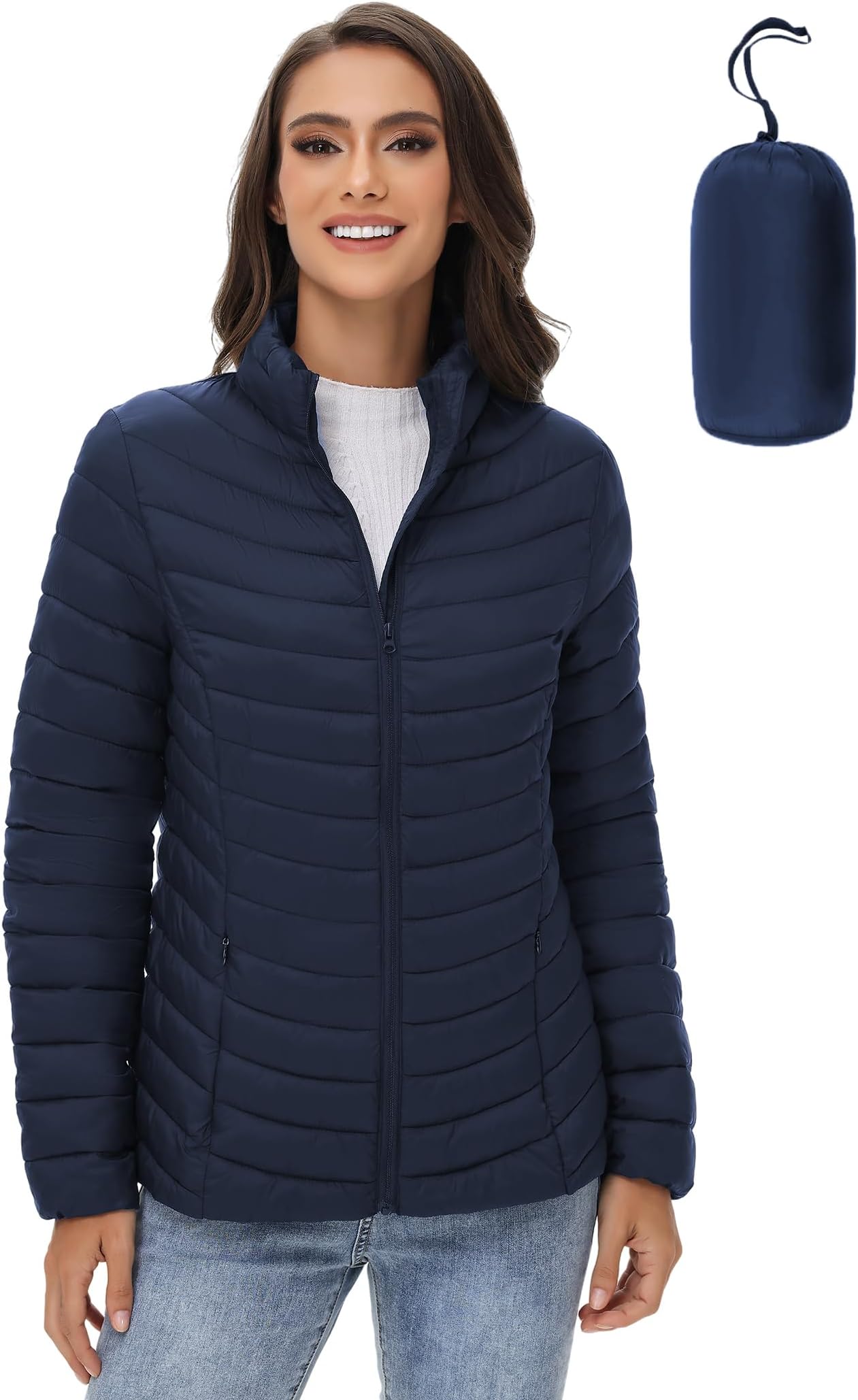 Women's Packable Puffer Jacket Lightweight Quilted Puffer Jacket Winter Warm Puffy Jacket with Stand Collar