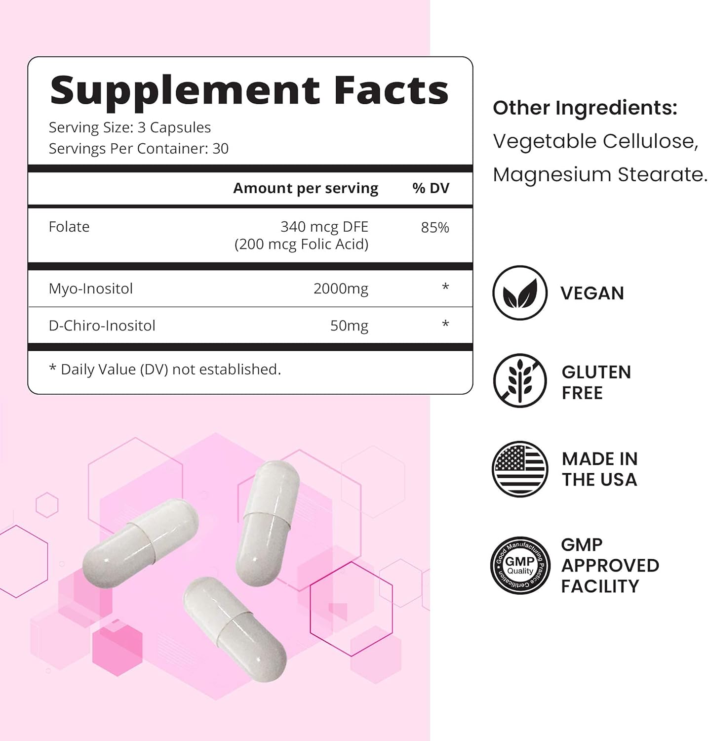 Myo-Inositol & D-Chiro Inositol Capsules with Folic Acid for PCOS - Fertility Supplements for Women, Most Optimal 40 to 1 Ratio, Hormonal Balance, Ovarian Function Support for Women (90 Ct) : Health & Household