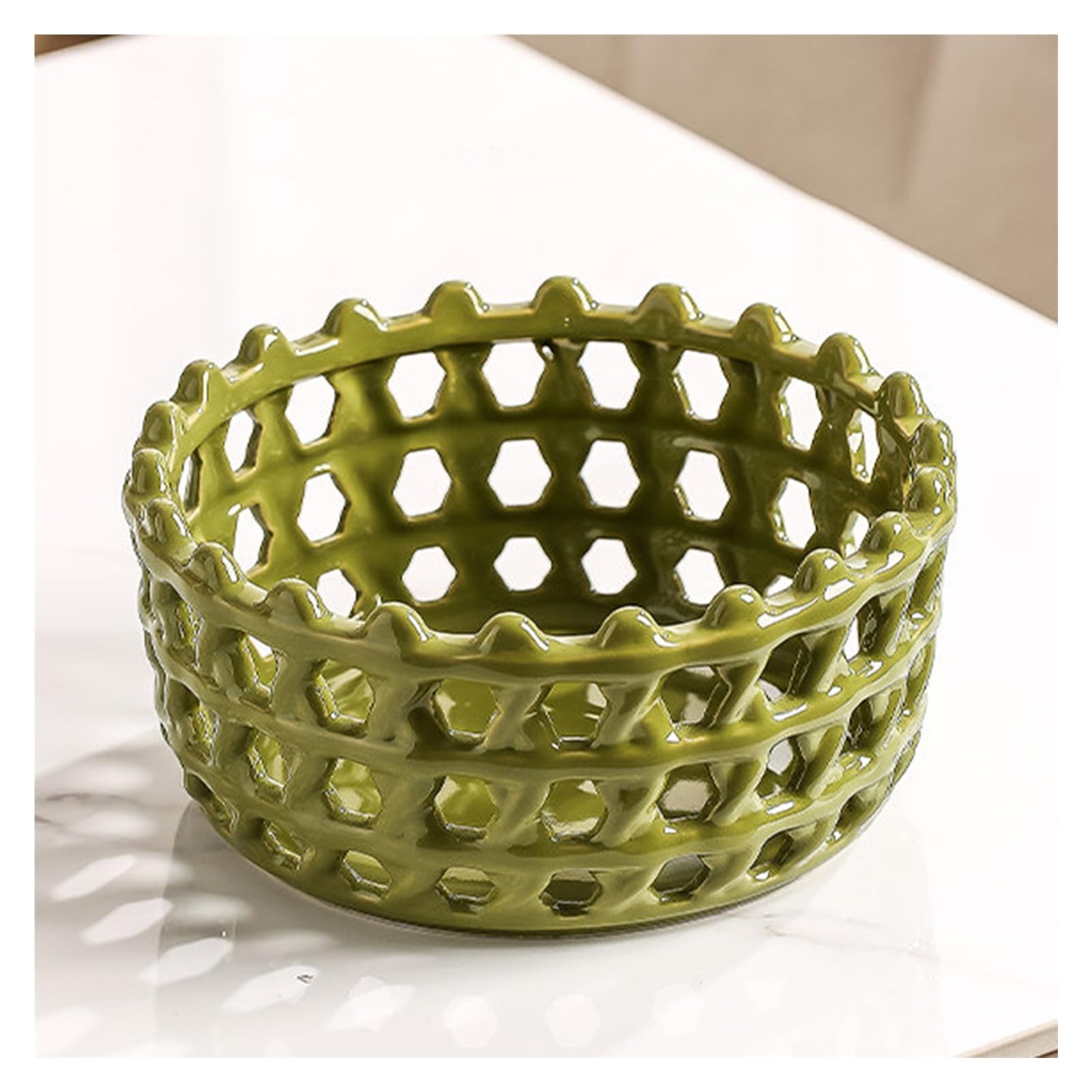 XCSDEW Ceramic Fruit Basket,Hollowed-out Snack Tray,Nut Storage Box,Suitable for Hotel Lobbies and Living Room Coffee Tables(Green)