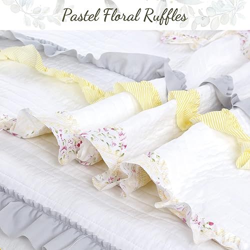 Miniatura 4 de Cozy Line Home Fashions Juego de ropa de cama reversible de encaje floral a rayas 100% algodón reversible para niña, colcha reversible (volantes