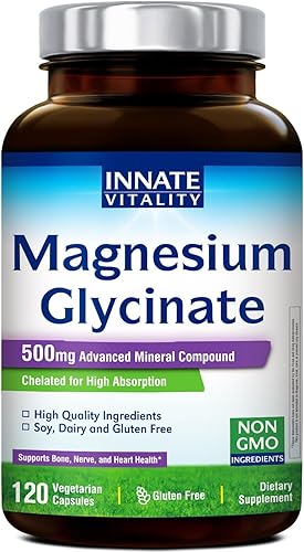 Innate Vitality Magnesium Glycinate 500mg  70mg Elemental Magnesium Supplement - High Absorption, Non Buffered, Non-GMO & No Gluten - Vegan - Nerve