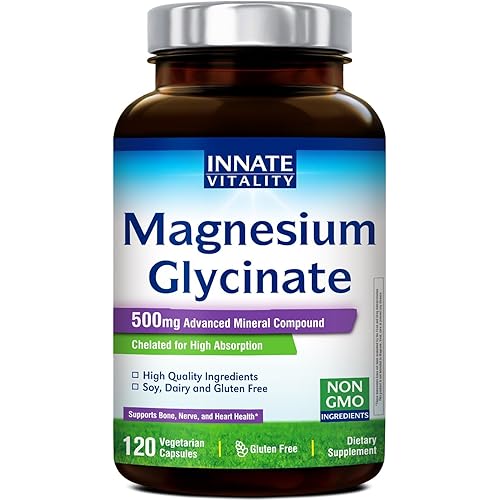 Innate Vitality Magnesium Glycinate 500mg | 70mg Elemental Magnesium Supplement - High Absorption, Non Buffered, Non-GMO & No Gluten - Vegan - Nerve Health - 120 Capsules (Pack of 1)
