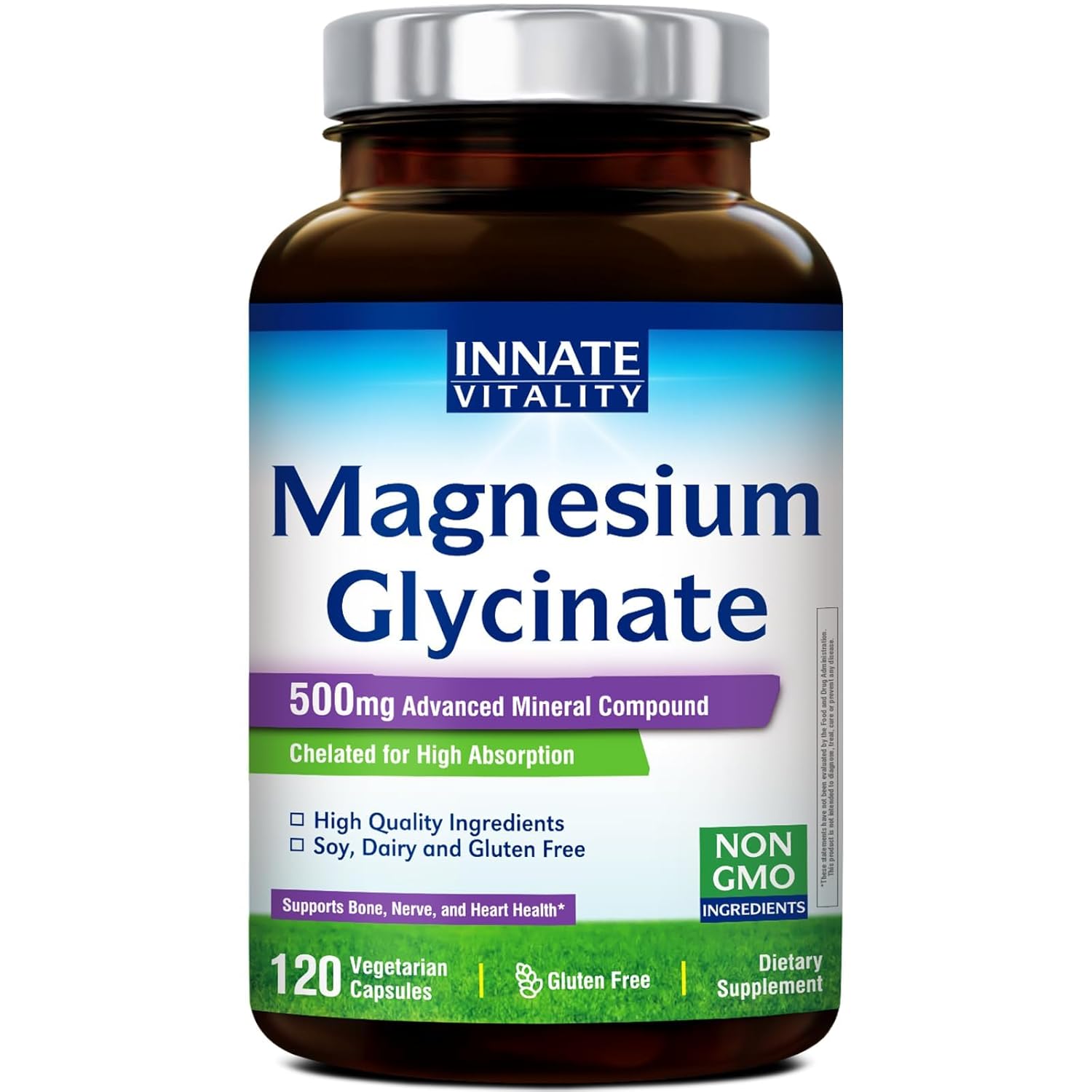 Innate Vitality Magnesium Glycinate 500mg 70mg Elemental Magnesium Supplement - High Absorption Non Buffered Non-GMO No Gluten -