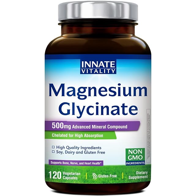 Innate Vitality Magnesium Glycinate 500mg 70mg Elemental Magnesium Supplement - High Absorption Non Buffered Non-GMO No Gluten -