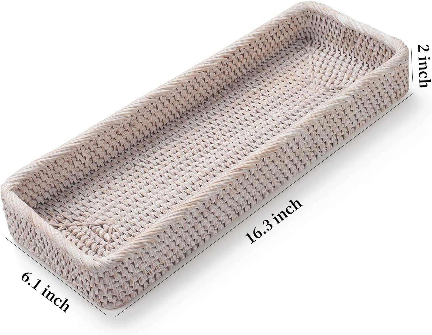 Rattan Bathroom Vanity Tray, Toilet Tank Basket Tray for Paper Hand Towel, Bathroom Counter Tray for Organizing and Decor (Whitewash, 16.3" x 6.1" x 2")
