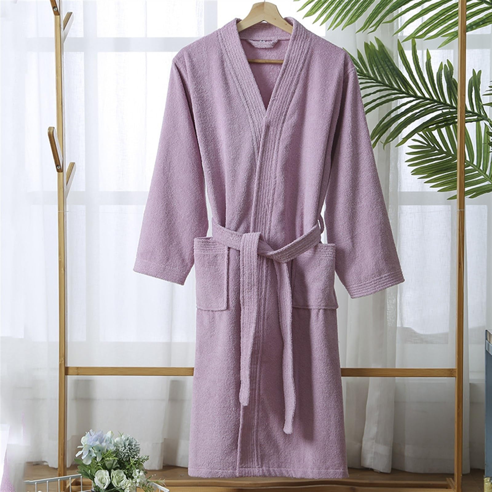 Bawełniany szlafrok dla mężczyzn Długi gruby chłonny szlafrok Męski Ręcznik Szlafrok Plus Bielizna nocna Szlafrok damski (Color : różowy, Size : M(155-165cm))
