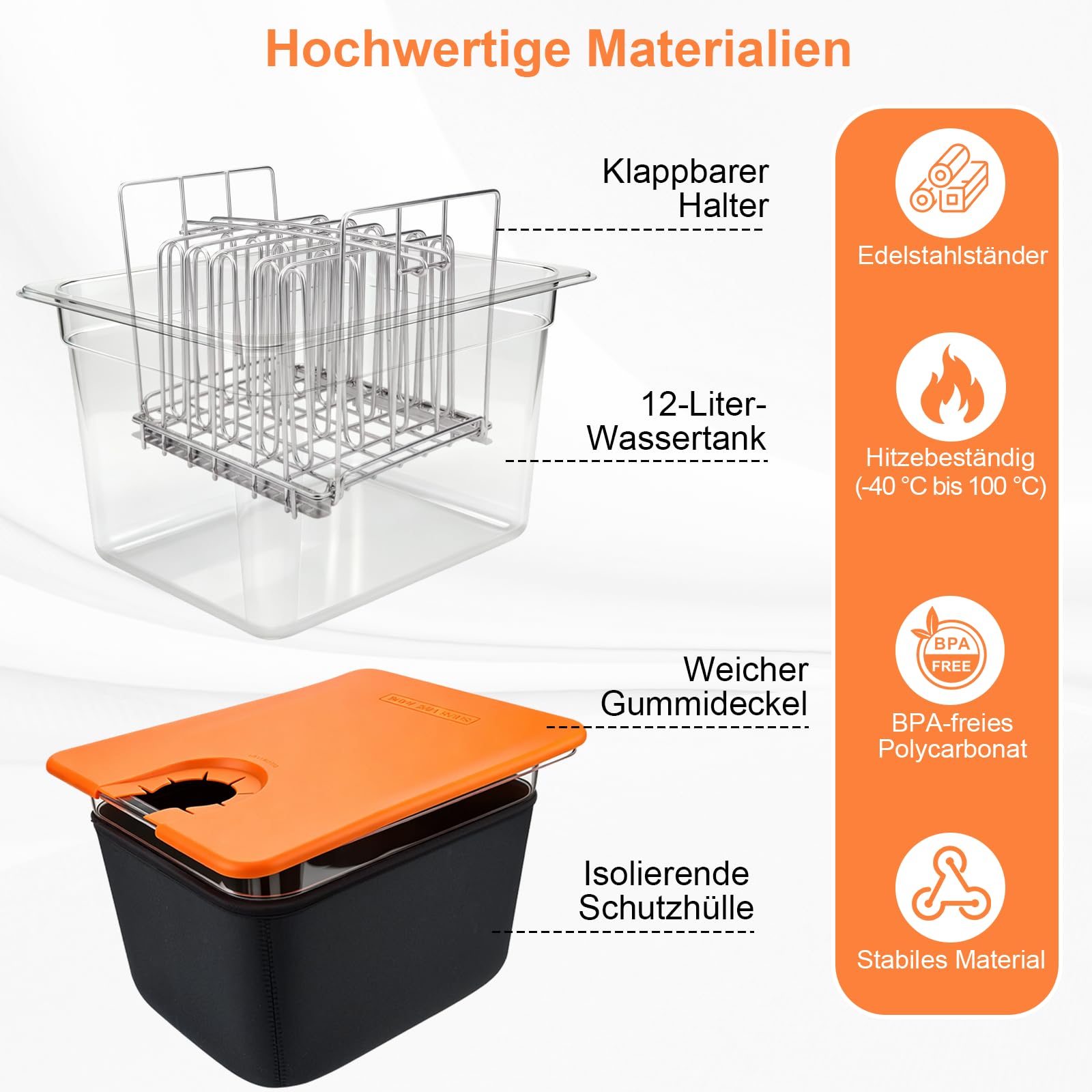 Sous Vide Behälter 12L, Sous Vide Container Deckel, Thermohülle und Rack für Meisten Sous Vide Garer, Multifunktionaler Transparenter Behälter (Frei von BPA) Geeignet für Fisch Fleisch und Gemüse