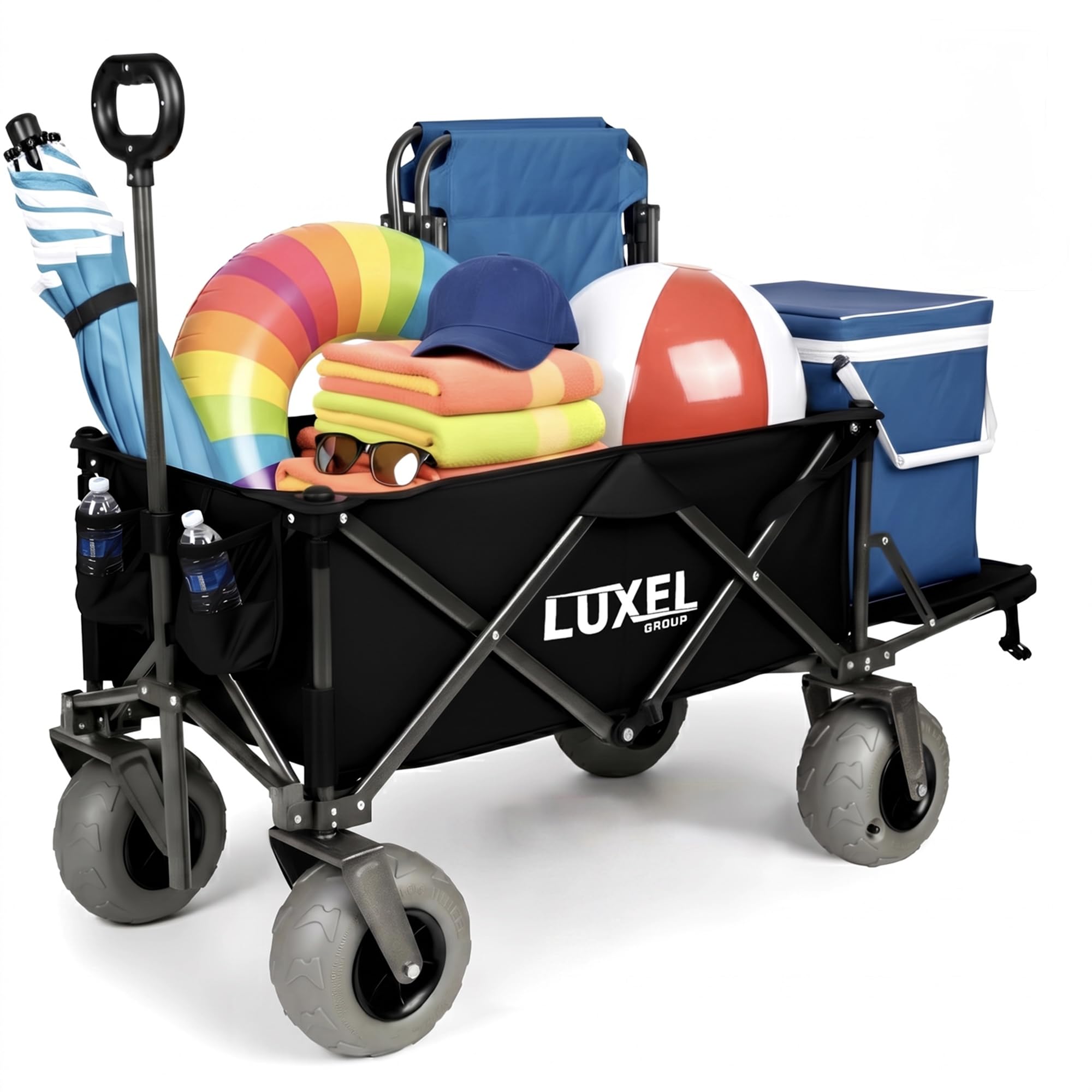 Beach Wagon with Big Wheels for Sand 9" PU Tires Collapsible Wagon, Black