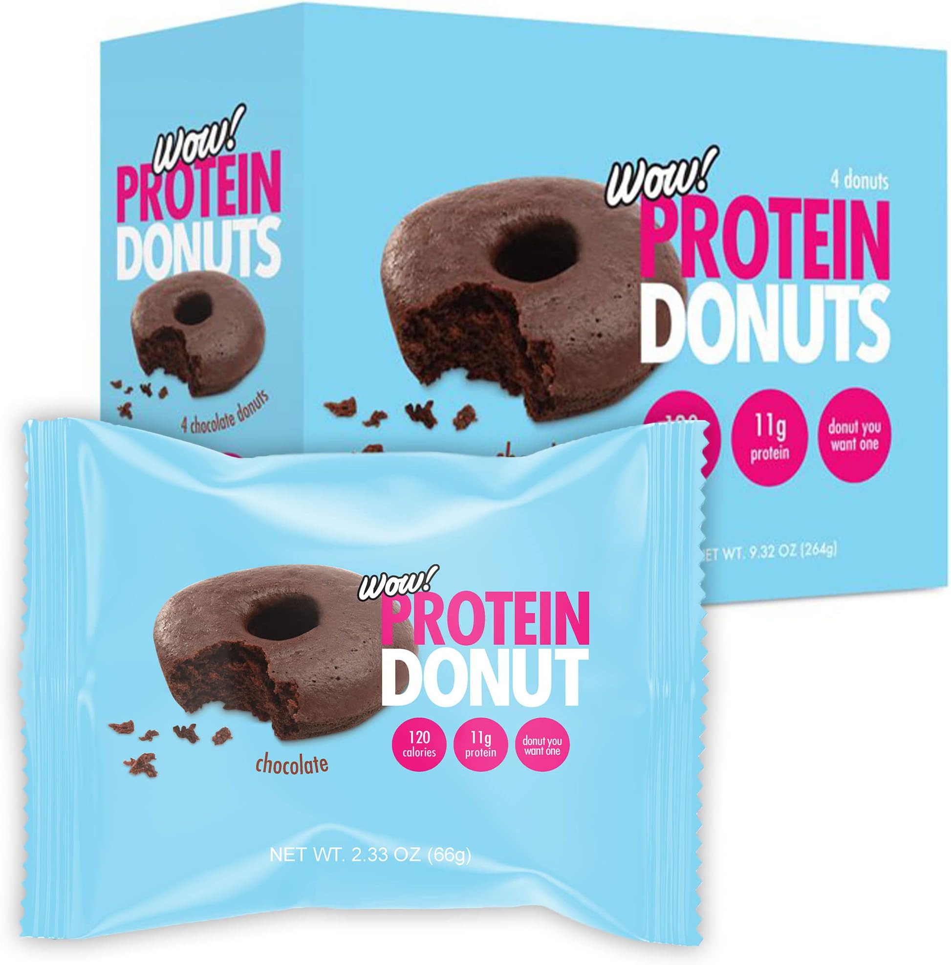 Wow! Protein Donuts, High Protein Snacks, Low Carb, Low Calorie, & Low Sugar, Healthy Snack with 11g of Protein (Chocolate, 4 Pack)