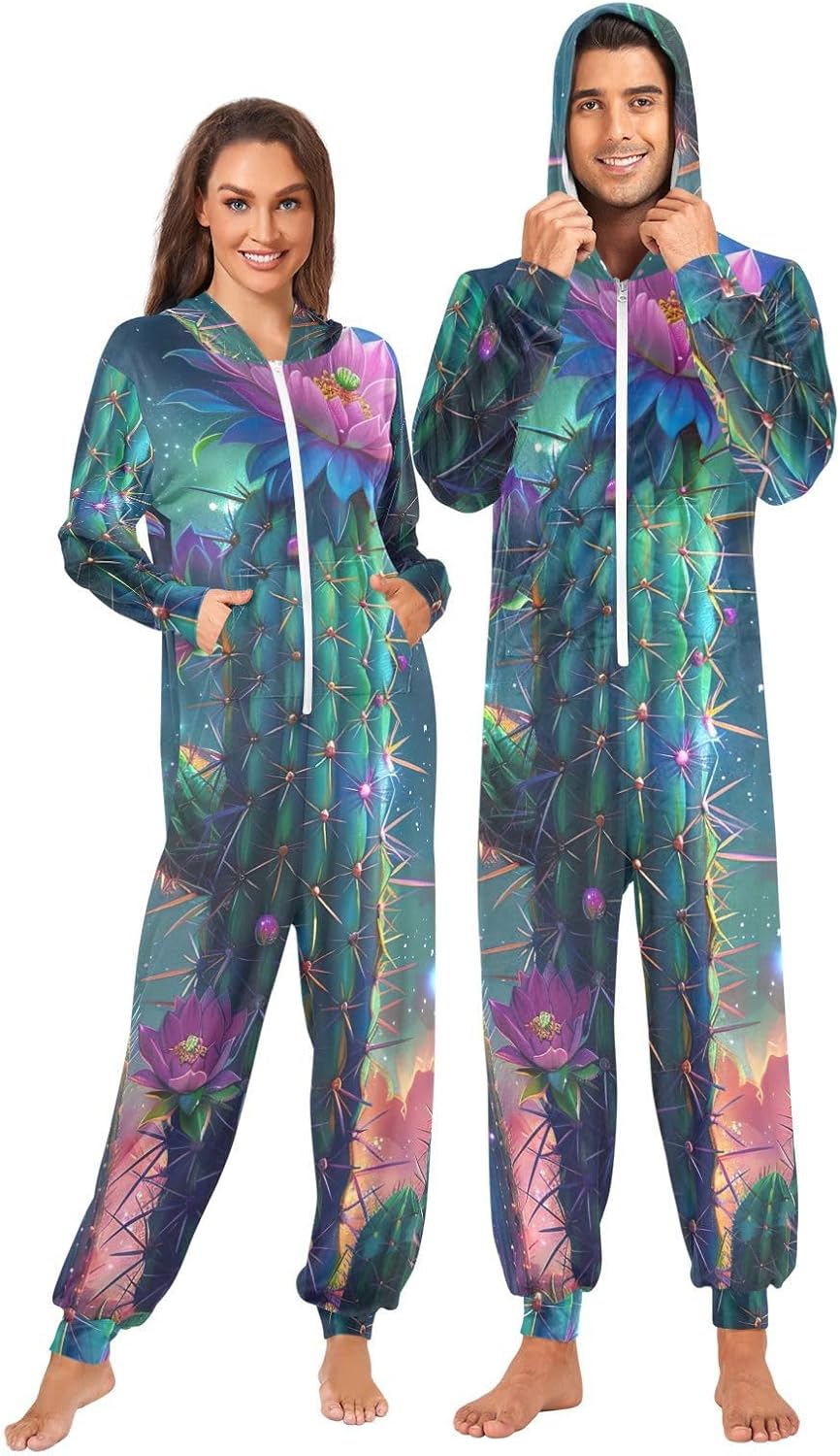 GAIREG Magenta Cactus Flowers Zipper Onesie Pjs, Plush Onesie Christmas Pajamas with Hood for Winter