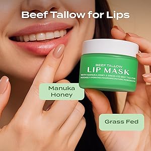 Body Restore Grass Fed Beef Tallow Lip Mask, with Manuka Honey Christmas Stocking Stuffers, White Elephant, Hydrating Moisture, Travel Essentials, Self Care, Birthday Gifts for Women, Men Bergamot