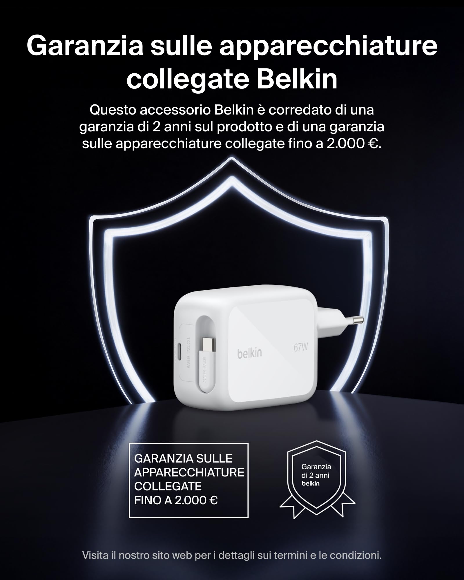 Belkin Caricabatterie USBC GaN 67W con Cavo USB-C Retrattile 1m e Porta USB C, Caricatore per iPhone, Ricarica Rapida per iPhone 17, 16 Series, Galaxy S26 Series, AirPods, Tablet, MacBook e Chromebook