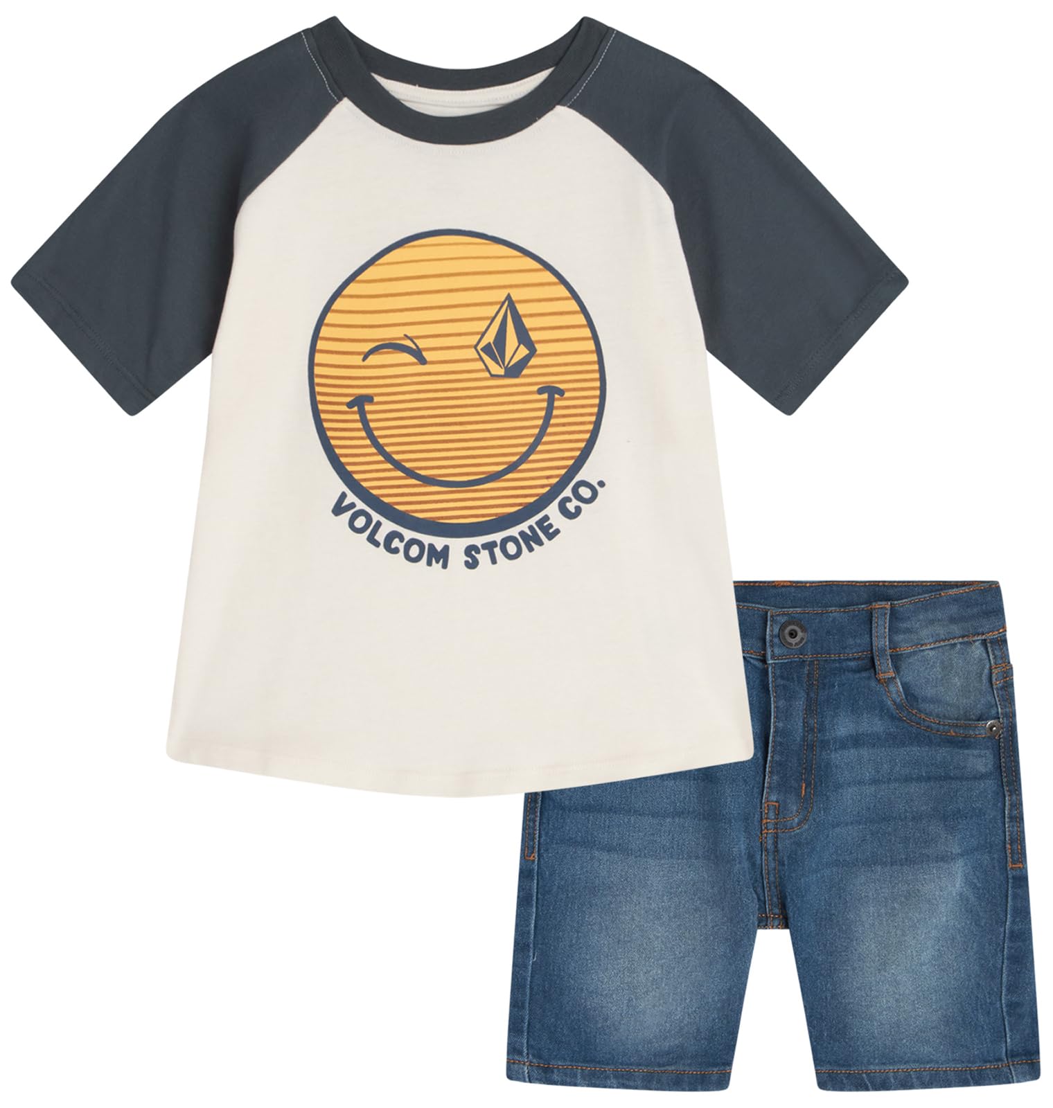 Volcom Toddler Boys Graphic Tee &amp; Denim Shorts Summer Outfit Set (12M-7) | Super-Soft Breathable Fabric, Reinforced Belt-Loop Waistband Built for Daily Play, Easy Pairing with Everyday Summer Wear