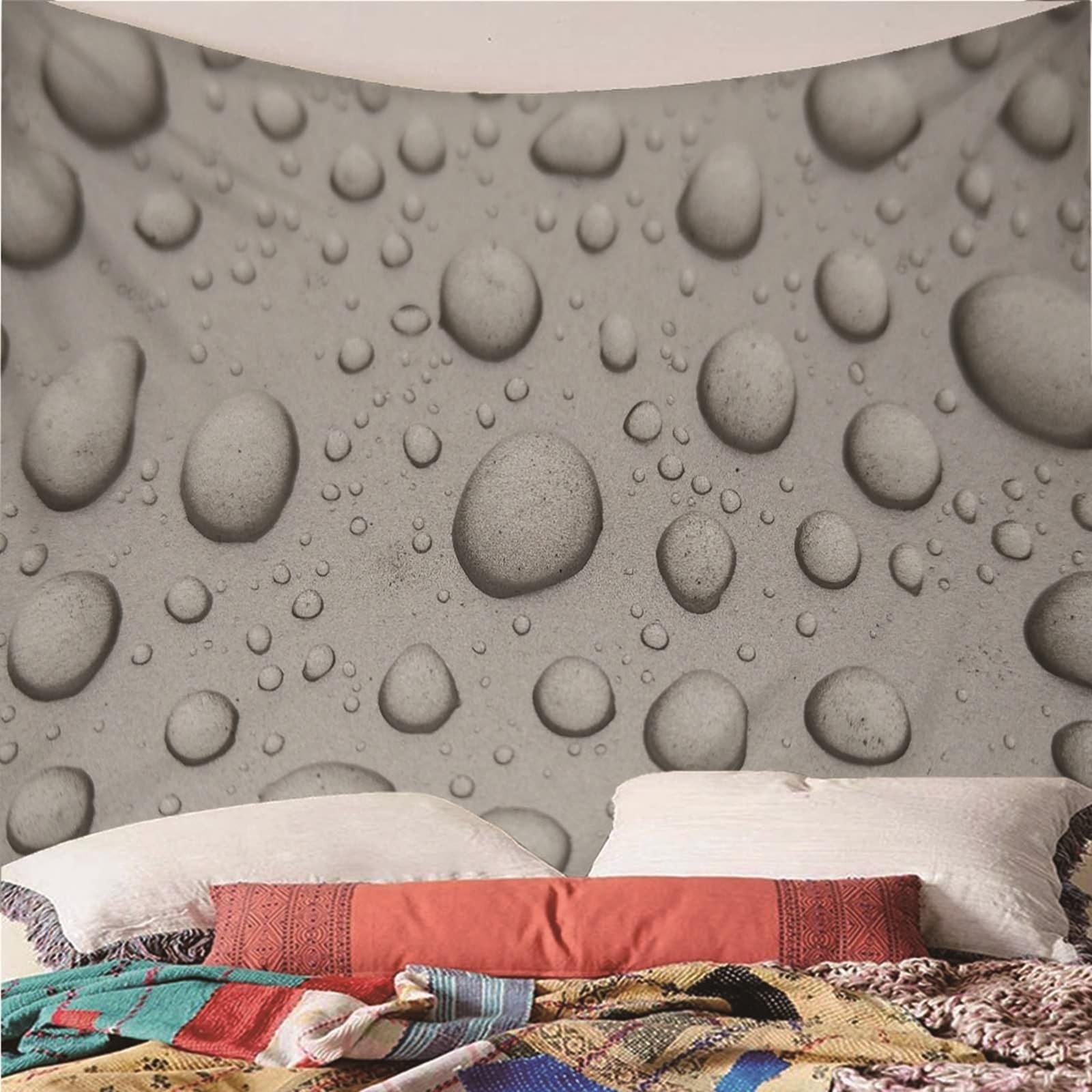 Wycian - Tela grande para pared, tapiz, color gris, diseño de gotas de agua, microfibras, para dormitorio, sala de estar, oficina, apartamento, 240 x 220 cm (Ancho x Alto)
